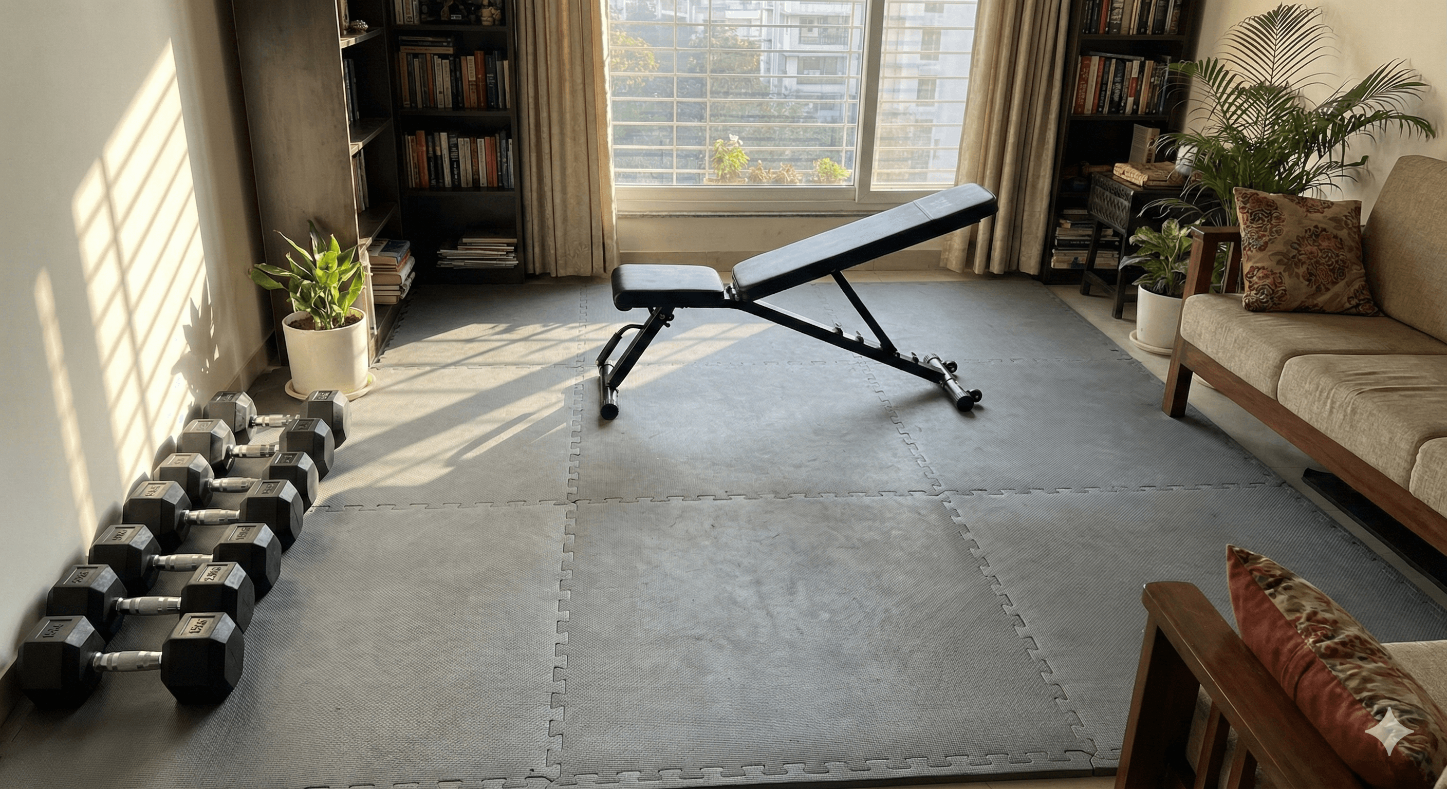 Pro setup with bench, dumbbells and mat in a Bangalore home